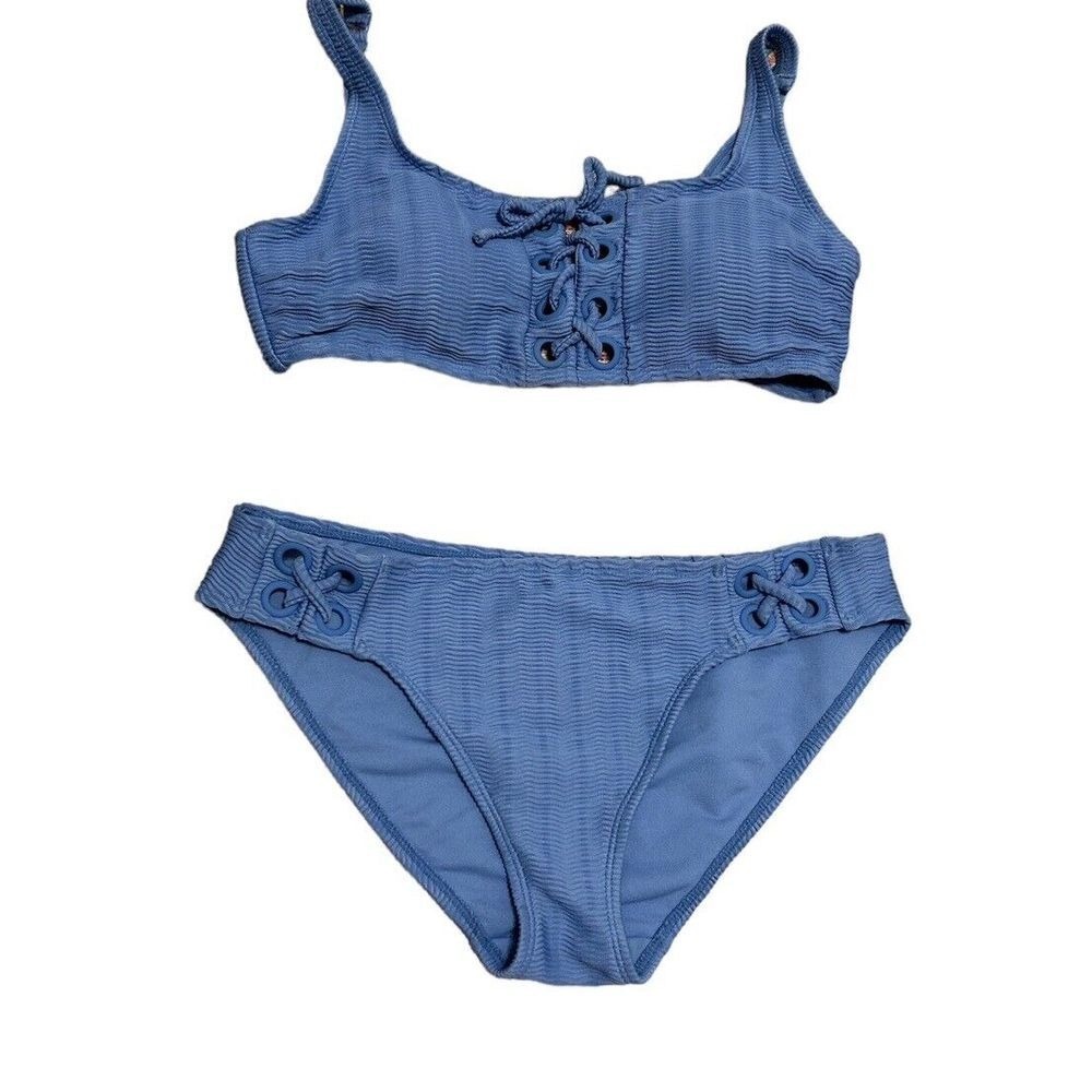 M&S sz 10 bathing suit‎ swim light blue lavender Lace Up Textured Bikini Reto